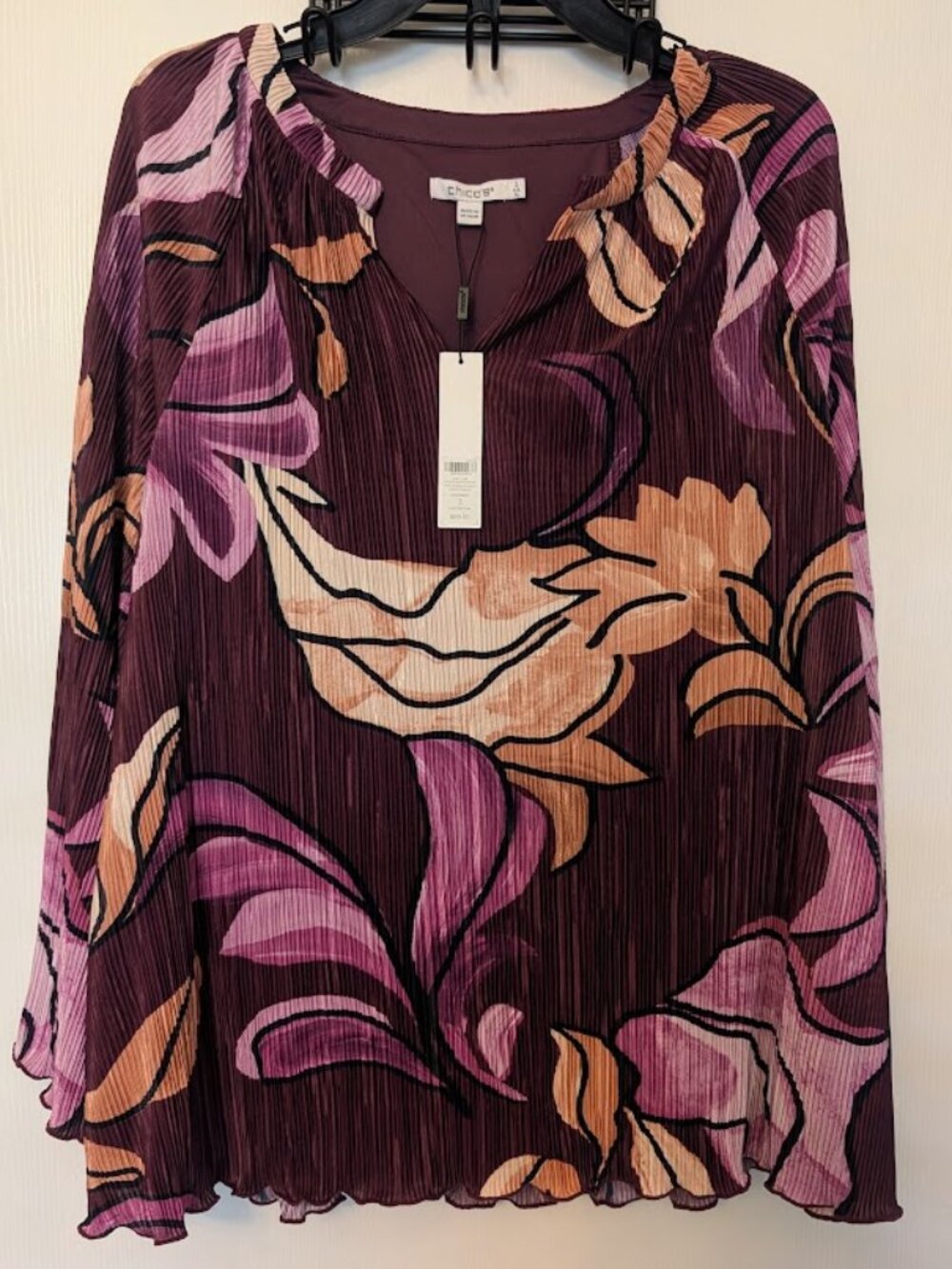 Chico's burgundy color eclectic pleat flare tunic‎ top NWT Size 3/XL
